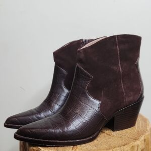 AD & Daughters Women's Dark Brown Croc-Embossed Leather & Suede Ankle Boot size7